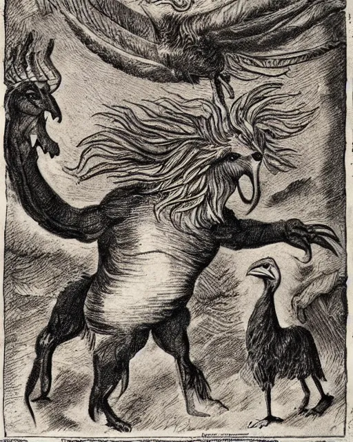 Image similar to a creature with the body of a man, beak of an eagle, the mane of a lion, and the horns of an ox. drawn by francis bacon