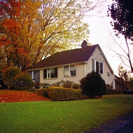 Prompt: a high flash photo of a suburban home from the street during autumn, 2 0 0 6, taken with a disposable camera