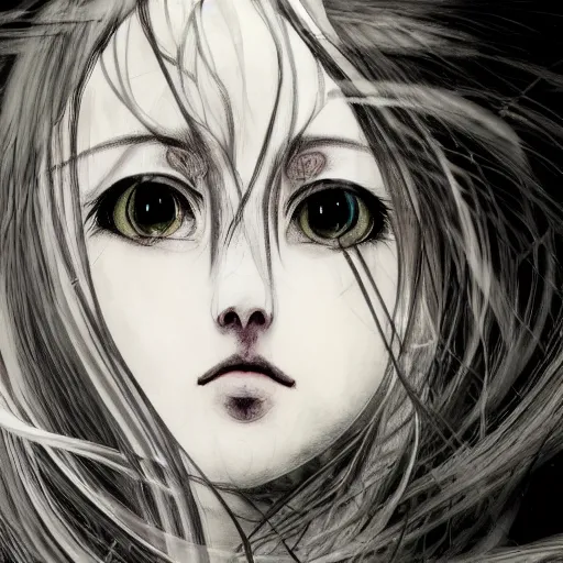 Image similar to Yoshitaka Amano blurred and dreamy illustration of an anime girl with black eyes, wavy white hair fluttering in the wind and cracks on her face wearing black and white hawaiian shirt, abstract black and white patterns in the background, noisy film grain effect, highly detailed, Renaissance oil painting, weird portrait angle