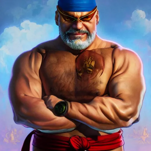 Image similar to david cross as sagat street fighter, wearing one eye patch, 4 k, ultra realistic, detailed focused art by artgerm and greg rutkowski and alphonse mucha