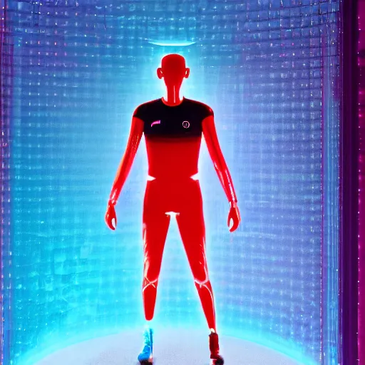 Image similar to a portrait of a athletic male android in a holographic room, photographed by erwing olaf