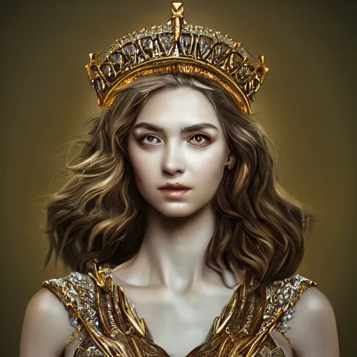 Image similar to portrait of a radiant greek mythology goddess, jewelry, crown, confident, gorgeous, stunning, dramatic lighting, detailed, very realistic, trending on Artstation, Cgsociety
