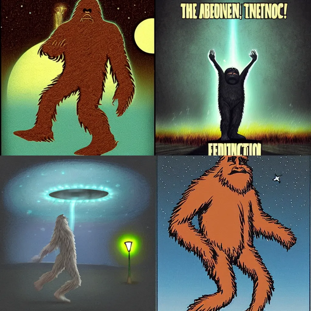 Prompt: bigfoot getting abducted by ufo