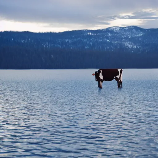 Prompt: a photo of a cow at lake tahoe