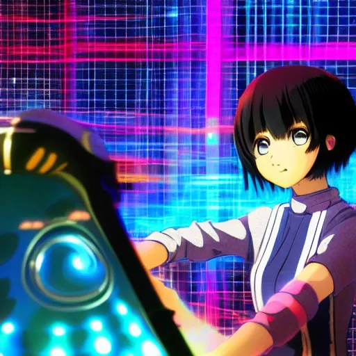 Prompt: Manga cover portrait of an extremely cute and adorable beautiful afrofuturism ASMR anime girl with mesmerizing piercing eyes and a black bobcut hairstyle playing Dance Dance Revolution, with a flashy modern background with black stripes, 3d render diorama by Hayao Miyazaki, official Studio Ghibli still, color graflex macro photograph, Pixiv