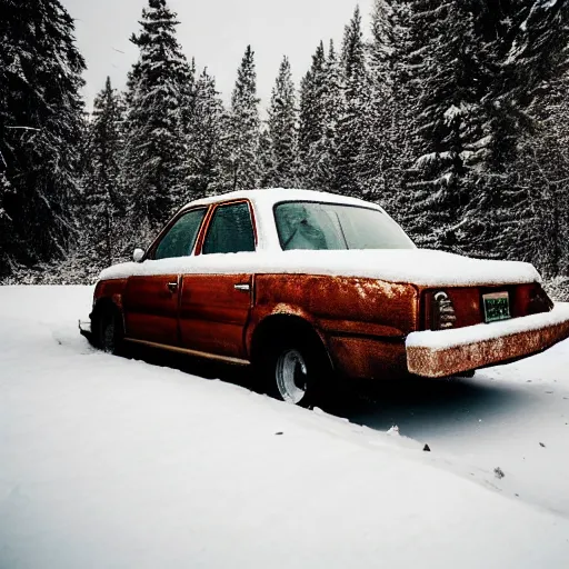 Image similar to rusty sedan in winter forest