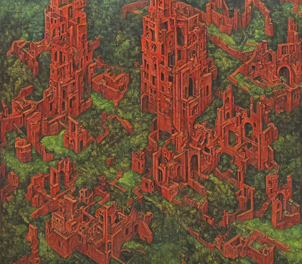 Prompt: Red Citadel, Fey ruins, in the style of M.C. Escher, inspired by Caravaggio. Realism. Oil on Canvas