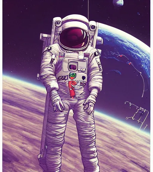 Prompt: cyberpunk japanese astronaut with long limbs and a black spacesuit on a spacewalk outside of their ship, techwear, Industrial Scifi, detailed illustration, character portrait, by Martin Grip and Moebius