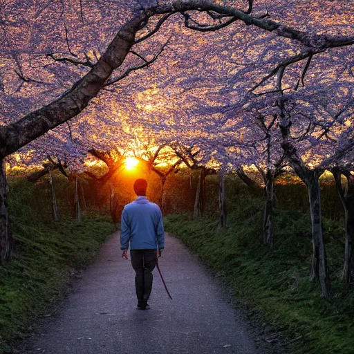 Image similar to man facing the sunset in a beautiful cherry tree forest