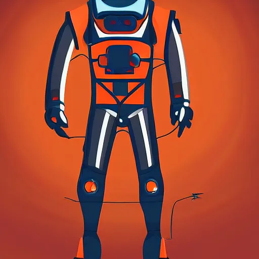 Prompt: Concept character art, man wearing scifi robotic space suit, red and orange, digital art