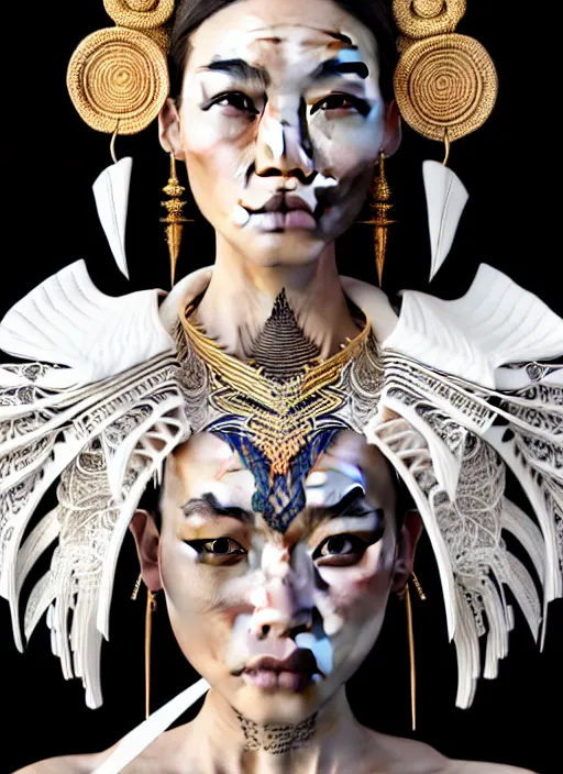 Image similar to absurdly beautiful young thai woman with symmetrical white makeup, wearing an intricate headdress made from bones and leather, wearing large earrings made from white bones, hyperdetailed illustration by irakli nadar and alexandre ferra, intricate linework, in the style of a national geographic portrait, unreal engine 5 highly rendered, global illumination, radiant light, detailed and intricate environment