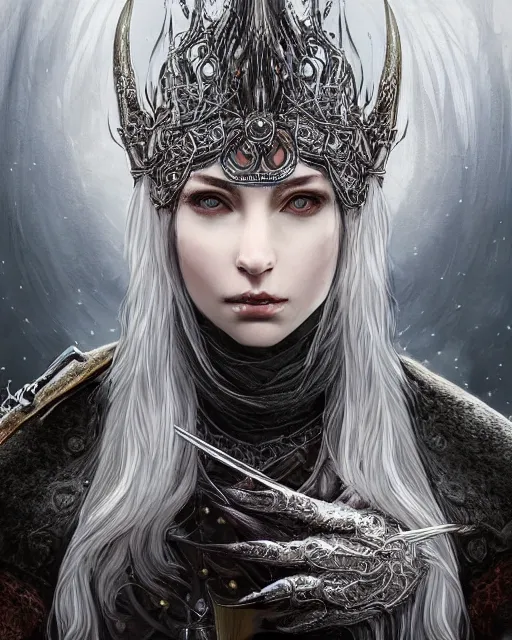 Image similar to portrait of a beautiful female hunter with shimmering hair, symmetrical face and eyes, dressed in intricate silver, cgsociety, Elden Ring, Dark Souls, Bloodborne
