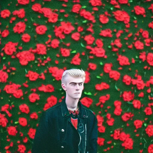 Image similar to kodak portra 4 0 0 photograph of a skinny blonde goth guy standing in front of floral wall, back view, moody lighting, telephoto, 9 0 s vibe, blurry background, vaporwave colors, faded!,