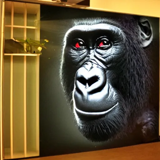 Prompt: laser projection of adult gorilla : : three dimensional, depth : : dark room