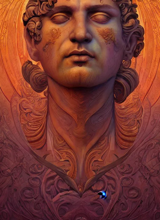 Image similar to roman emperor, wooden art nouveau swirls, subsurface scattering, in the style of james jean and tomasz alen kopera and alex konstad, mystical colors, rim light, beautiful lighting, 8 k, stunning scene, raytracing, octane render, trending on artstation