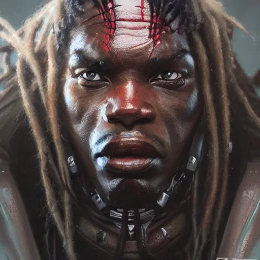 Image similar to A frontal portrait of The Predator with dreadlocks, by dreadjim, Greg Rutkowski, james gurney, epic scifi character art, Exquisite detail, post-processing, low angle view, masterpiece, cinematic