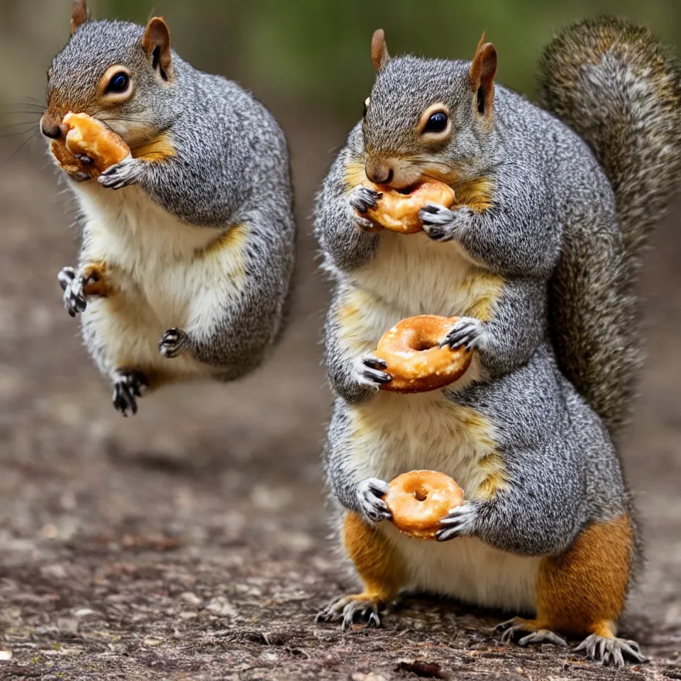 Image similar to A really fat squirrel eating a donut, 4K, highly detailed, photo