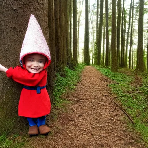 Image similar to a small person with a smile in his face dressed as a gnome peeking behind a tree, forest trail, night time, bright camera flash, camera shaking, realistic, phone recording, bad quality, 480p, scary