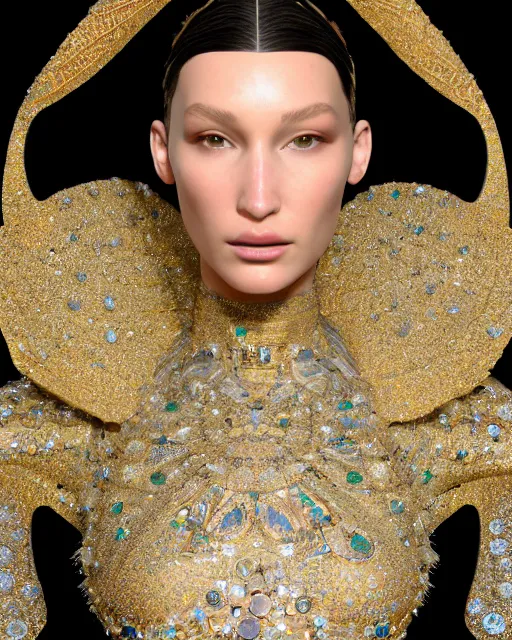 Image similar to a highly detailed metahuman 8 k close up render of bella hadid renaissance in iris van herpen dress schiaparelli in diamonds crystals swarovski and jewelry iridescent in style of alphonse mucha gustav klimt trending on artstation made in unreal engine 4