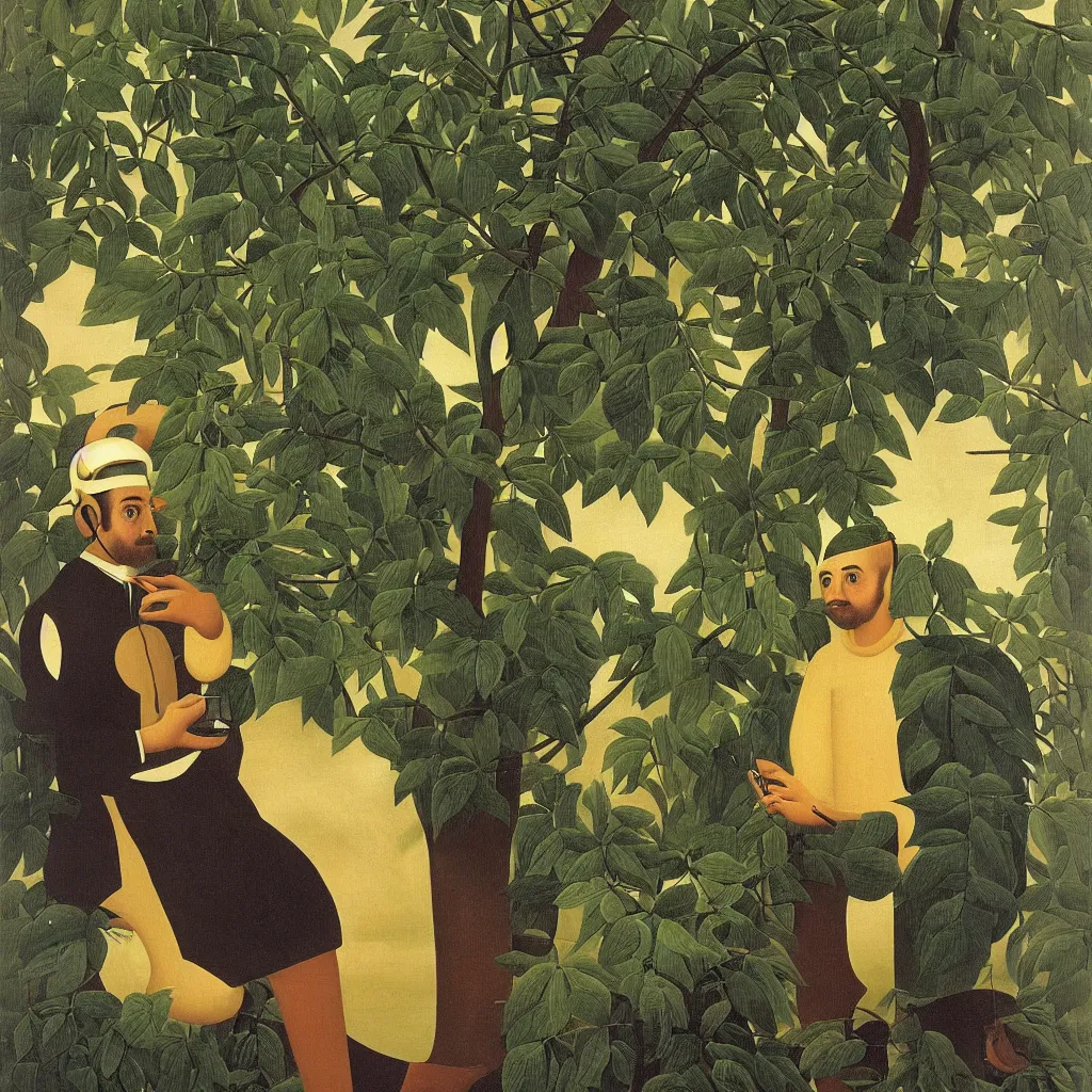 Prompt: i, a man wearing headphone and playing his iphone, by henri rousseau