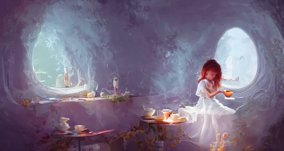 Image similar to a child girl in a white dress drinking tea in a room constructed out of warping tea cups by peter mohrbacher, vivid colors, matte painting, 8K, concept art, mystical color scheme, trending on artstation