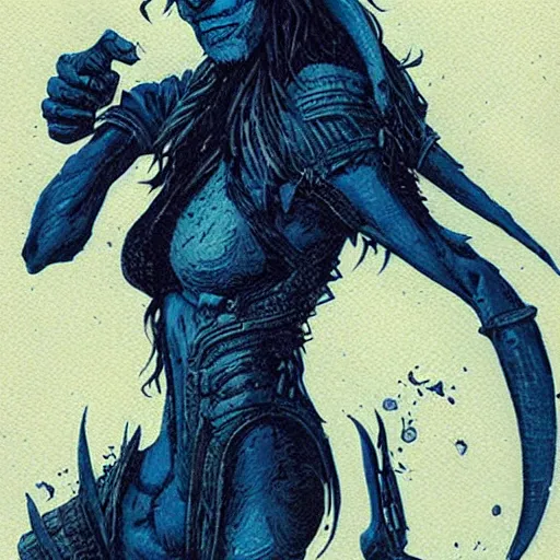 Image similar to blue woodcut print cartoon, tiefling by greg rutkowski, fine details, highly detailed