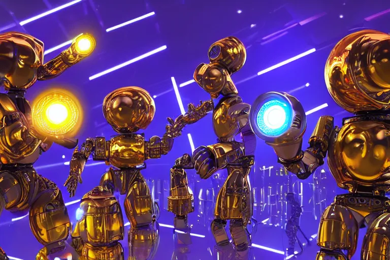 Image similar to scene from the voice of america, on stage are 4 golden and blue metal humanoid steampunk robots dancing, robots are wearing and gears and tubes, eyes are glowing red lightbulbs, shiny crisp finish, 3 d render, 8 k, insaneley detailed, fluorescent colors, nightlight