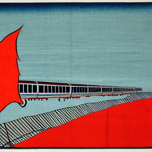 Image similar to high speed train in india against a giant rising sun, ukiyo - e style, lithograph, textile print, indian flag, indian scripts