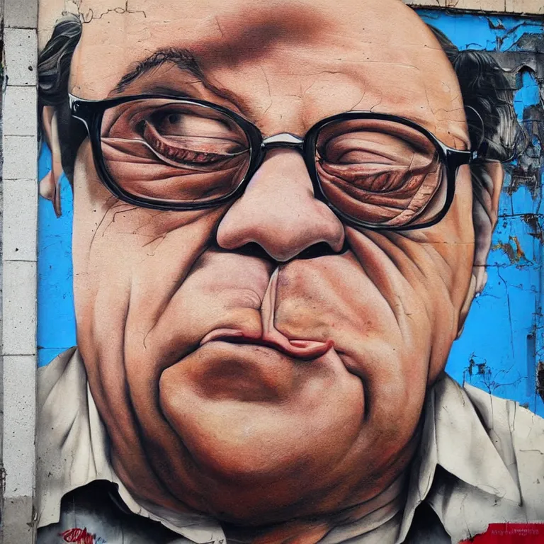 Image similar to Street-art portrait of Danny DeVito in style of Etam Cru, photorealism