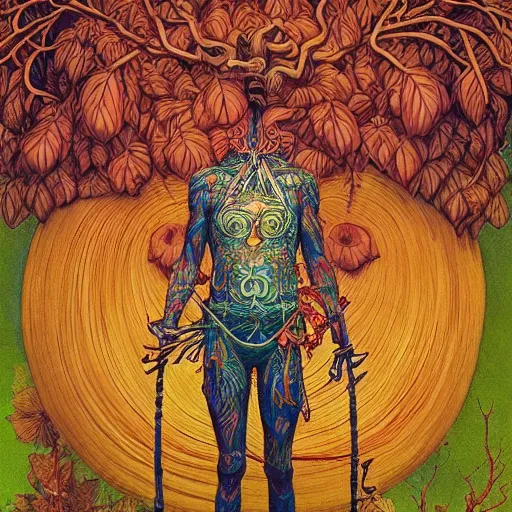 Prompt: Psychedelic Physique Portrait of a Shaman Guy wearing an ivy costume plant disguised as a human standing atop a red clay pot greg rutkowski jen bartel peter mohrbacher anna podedworna arthur rackham salvador dali octavio ocampo jacek yerka winslow homer norman rockwell uta natsume prismacolor tombow quill