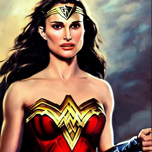Image similar to ultra realistic portrait painting of natalie portman as wonder woman, art by frank frazetta, 4 k, ultra realistic, highly detailed, epic lighting.