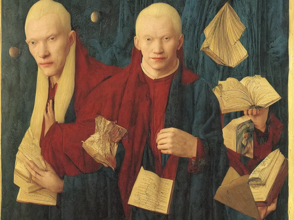 Image similar to Portrait of albino mystic with blue eyes, with books, large illustrated manuscripts. Painting by Jan van Eyck, Audubon, Rene Magritte, Agnes Pelton, Max Ernst, Walton Ford