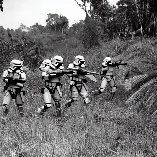 Image similar to star wars clone troopers combat soldiers in vietnam, photo, old picture, lush landscape, jungle, firearms, explosions, helicopters, aerial combat, active battle zone, flamethrower, air support, jedi, land mines, gunfire, violent, star destroyers, star wars lasers, sci - fi, jetpacks, agent orange, bomber planes, smoke, trench warfare