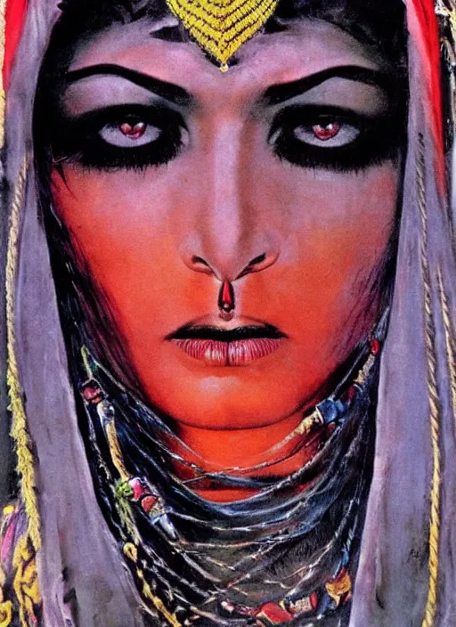 Image similar to portrait of muscular indian vampiress, jeweled veil, strong line, saturated color, beautiful! coherent! by frank frazetta, high contrast, minimalism