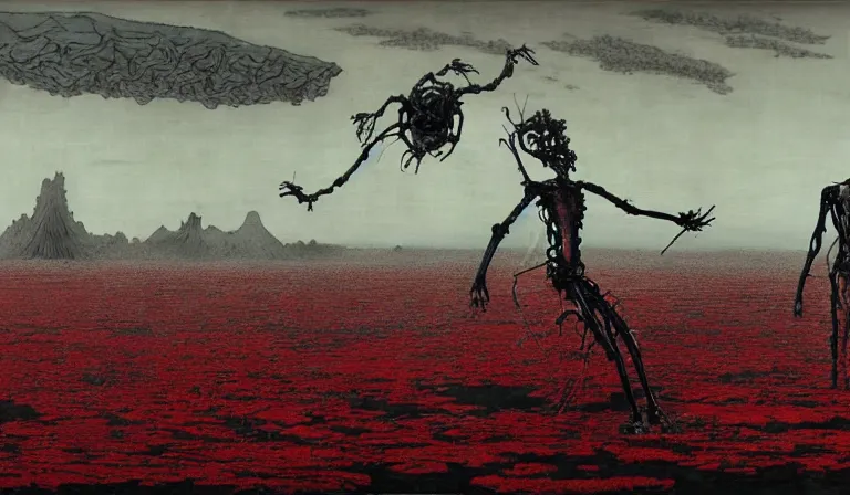 Image similar to still frame from Prometheus by Jakub rozalski by utagawa kuniyoshi by Yves Tanguy, Vast blossoming hell plains with resurrecting crimson filament mycelium biomechanical giger cyborgs in style of Jakub rozalski with character designs by Neri Oxman, metal couture haute couture editorial