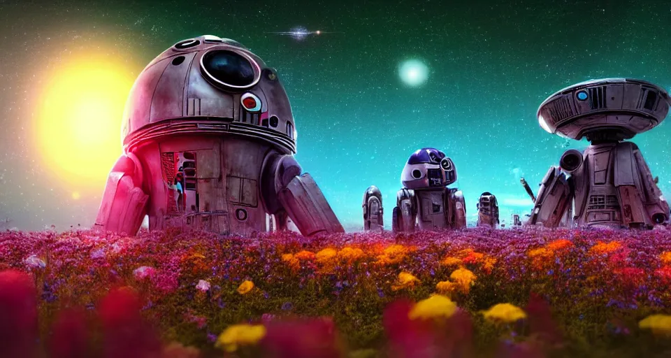 Image similar to a beautiful up close view of a mechanical mystical alien shrine in a field of multicolored colored flowers, underneath a star filled night sky, warm coloured, gigantic pillars and flowers, maschinen krieger, beeple, star trek, star wars, ilm, atmospheric perspective