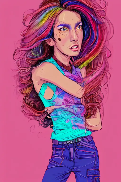 Image similar to a award winning half body portrait of a beautiful woman with stunning eyes in a printed croptop and cargo pants with rainbow colored ombre hairstyle head in motion and hair flying by josan gonzales, outrun, vaporware, shaded flat illustration, digital art, trending on artstation, highly detailed, fine detail, intricate