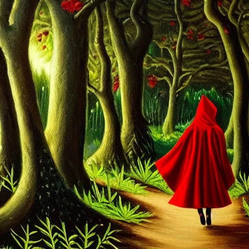 Image similar to oil painting of little red riding hood walking through a dark forest, flanked by brugmansia suaveolens trees with beautiful white flowers, scary