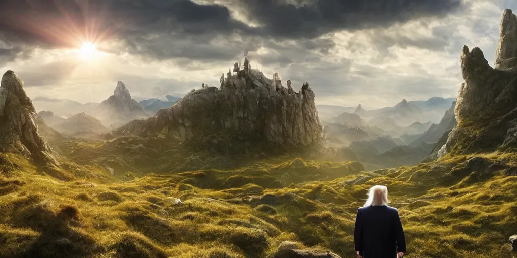 Image similar to a beautiful wide shot of donald trump being gandalf, the panorama of middle earth in the background, intricate detail, god rays, photography, volumetric light, cinematic, 8 k