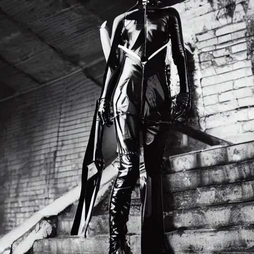 Image similar to fashion photography of an extraterrestrial model, holding a leather whip, wearing demobaza fashion, inside berghain, berlin fashion, harness, futuristic fashion, dark minimal outfit, photo 3 5 mm leica, hyperdetail, berghain, 8 k, very detailed, photo by nick knight