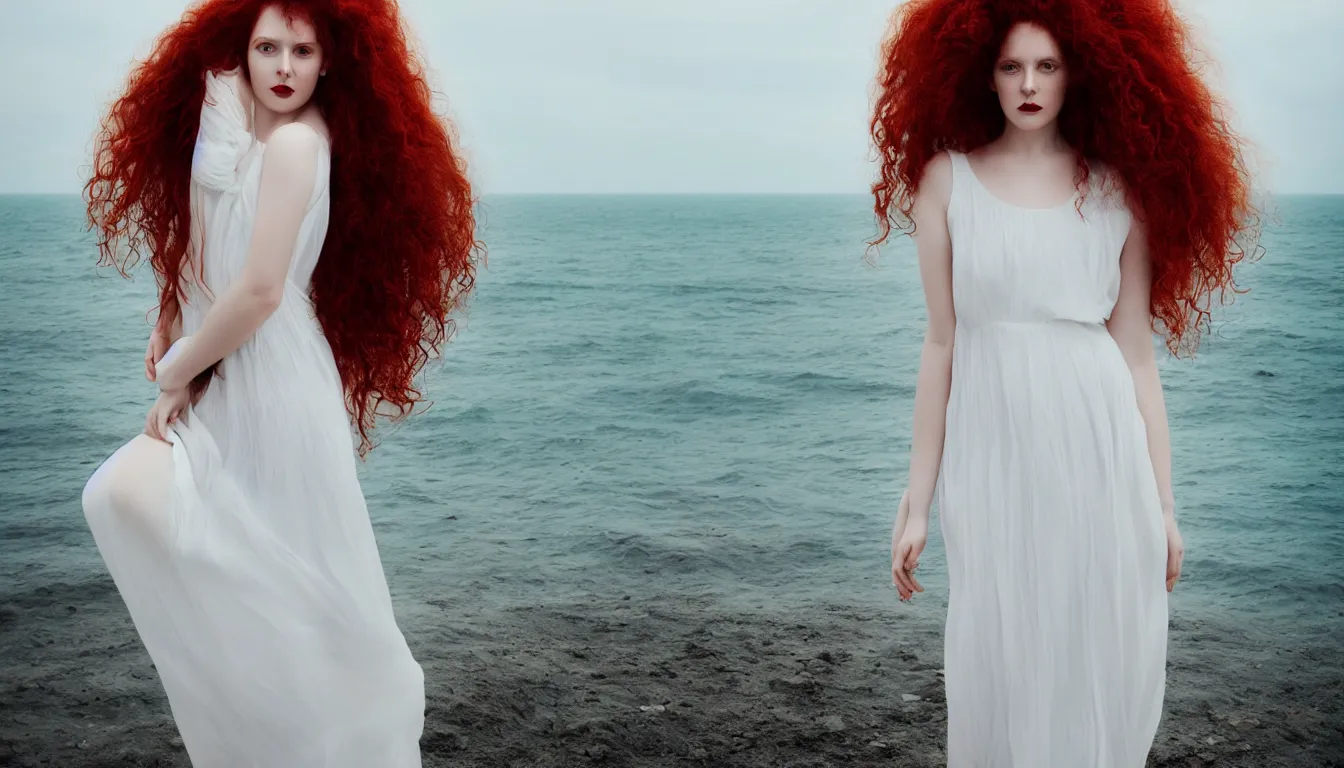 Image similar to a portrait photography of a beautiful woman with red long curly hair and full body dress in white by Flora Borsi, stand up with the sea behind, soft natural lighting, pastel colors scheme, fine art photography, , 80 mm sigma art