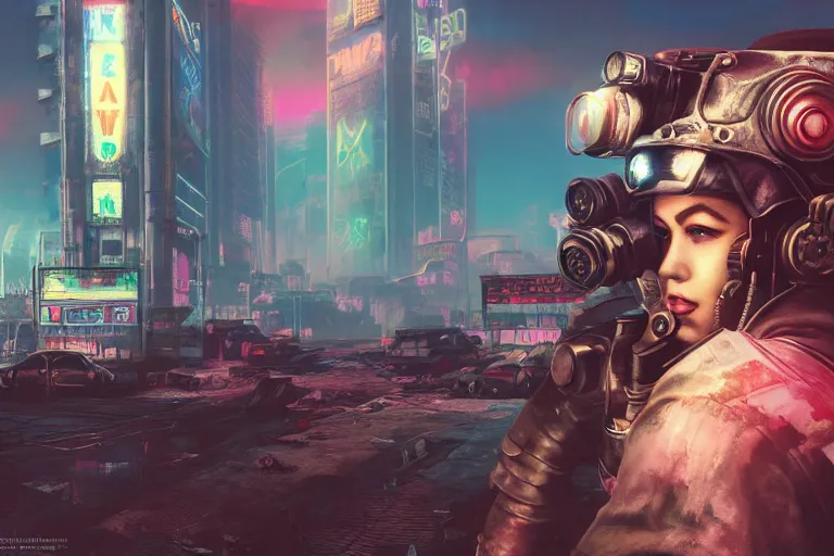 Prompt: fallout new vegas, cyberpunk vapor wave glitch wave art, 4k digital illustration by artgerm, wlop, Andrei Riabovitchev, Marc Simonetti, yoshitaka Amano, artstation, 8k resolution, soft focus