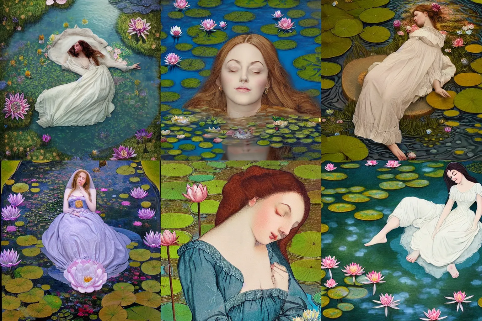 Prompt: stunning centered portrait of a women in a victorian dress sleeping on a pond surrounded by petals and water lilies, inspired by ophelia