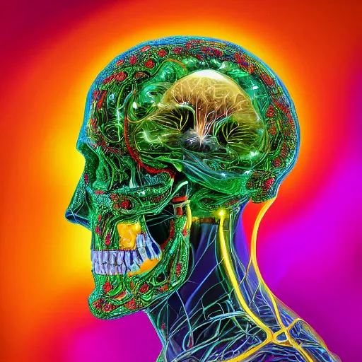 Prompt: a majestic portrait of a man with an open skull showing his brain, a computer algorith running inside the brain with, digital painting, high detail, 8 k, intricate ornamental details, vibrant iridescent colors, green magenta and gold