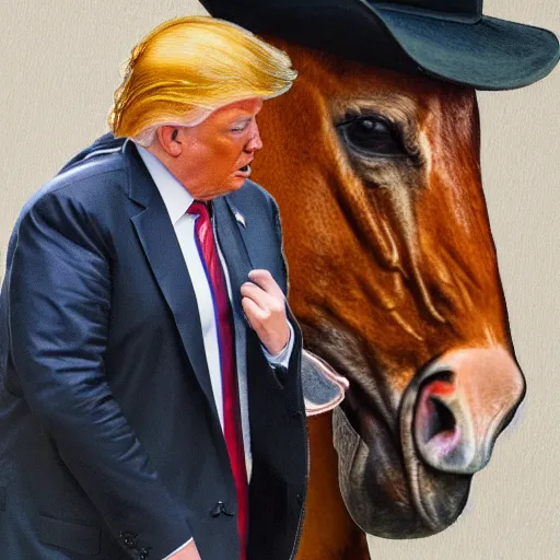 Image similar to Donald Trump dressed as a cowboy next to a horse, very detailed, sharp, 2d, 4k