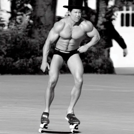 Image similar to mark wahlberg skating outside in a speedo with a tophat