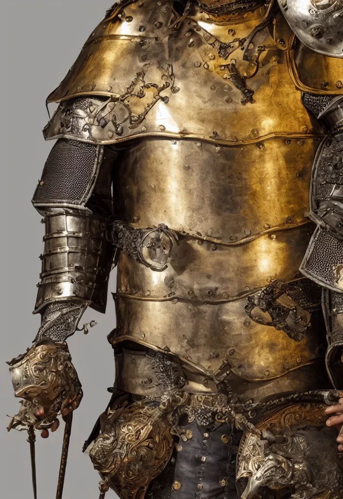 Prompt: portait of a man in decorated medieval baroque style armor and helmet and big golden cross on his chest plate high resolution high detail