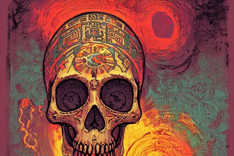 Prompt: aztec skull digitally painted by Tim Doyle, Kilian Eng and Thomas Kinkade, centered, uncropped