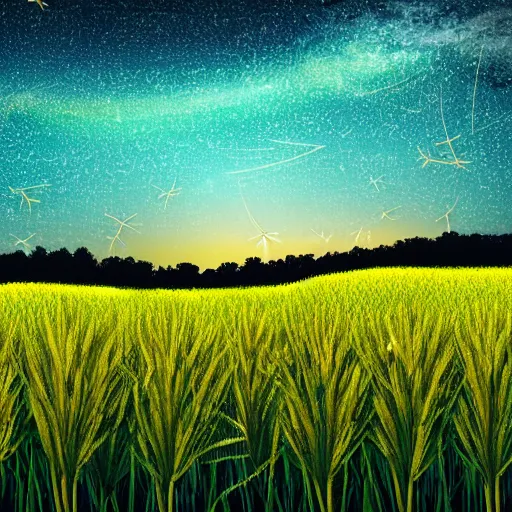 Image similar to hyper realistic wheat field with turquoise fireflies under a clear summer night sky