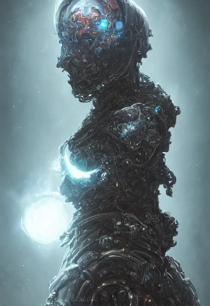 Image similar to a fancy portrait of n android necromancer, aura of light, friendly, bloodborne style, artificial intelligence, scifi, futuristic, highly detailed, trending on artstation, advanced technology, art by vitaly bulgarov and nivanh chanthara and lance wilkinson